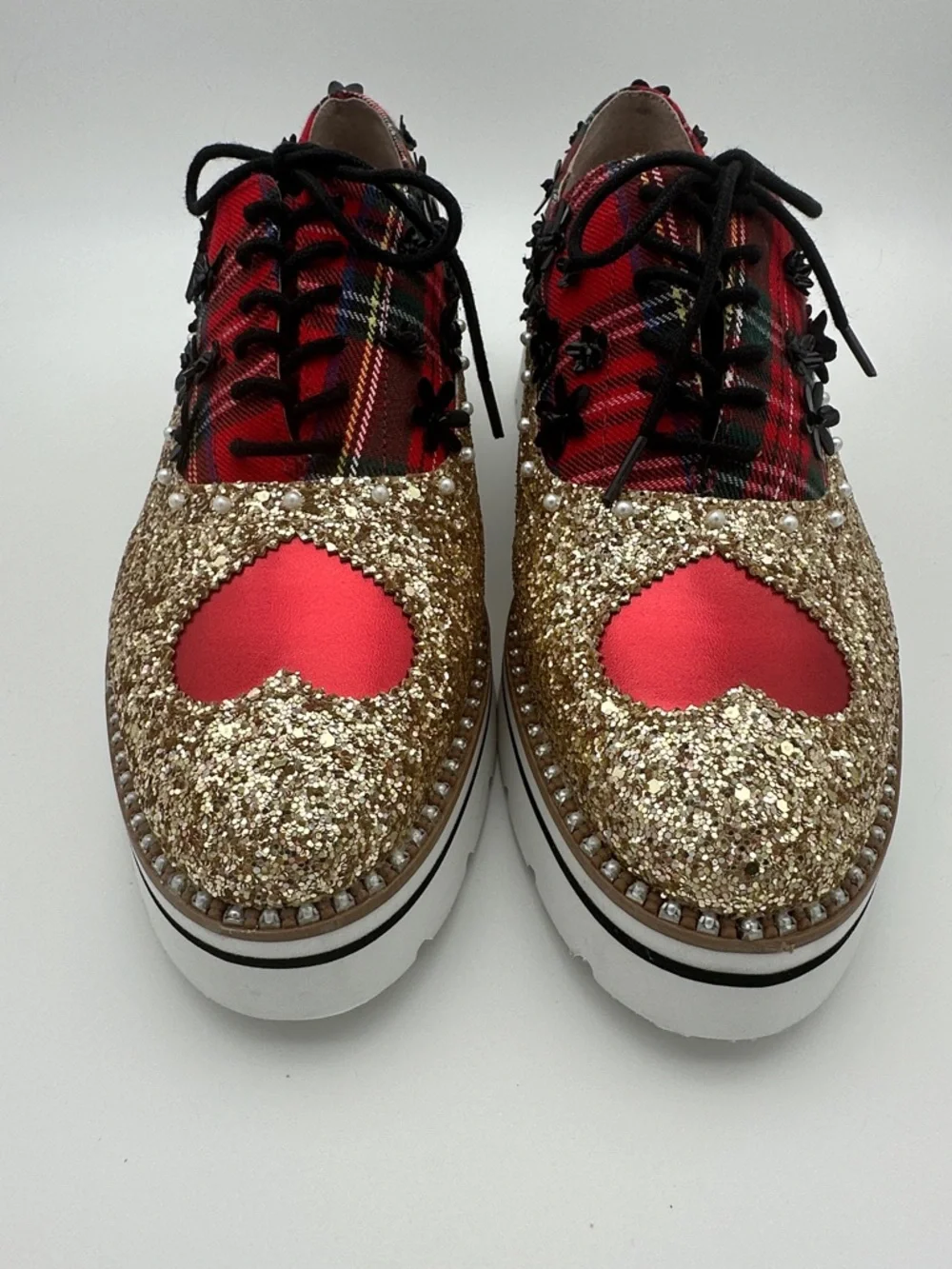 Betsy Johnson Skyyla Lace Up Plarform Oxfords Size 10 Shoes Unique Sparkly Plaid - Picture 4 of 16